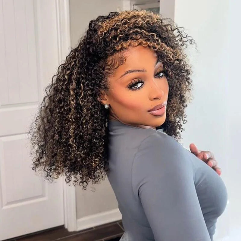 250% 3 In 1 Highlight Half Wigs Human Hair Afro Kinky Curly Balayage Glueless 1B/27 Curl 3/4 Half Wig Drawstring Seamless Flip