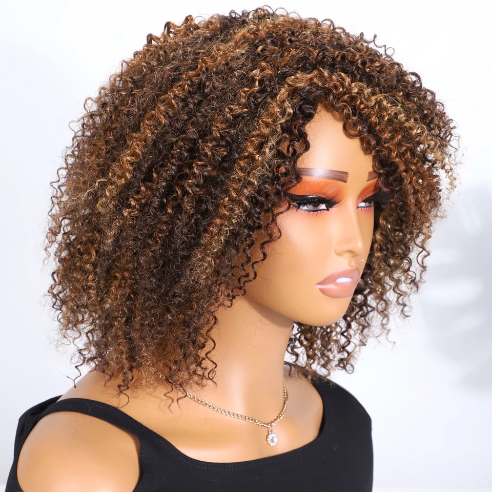 Lekker Highlight Brown Kinky Curly Bob 100% Human Hair Wigs For Women Brazilian Remy Hair Full Machine Made Glueless Colored Wig