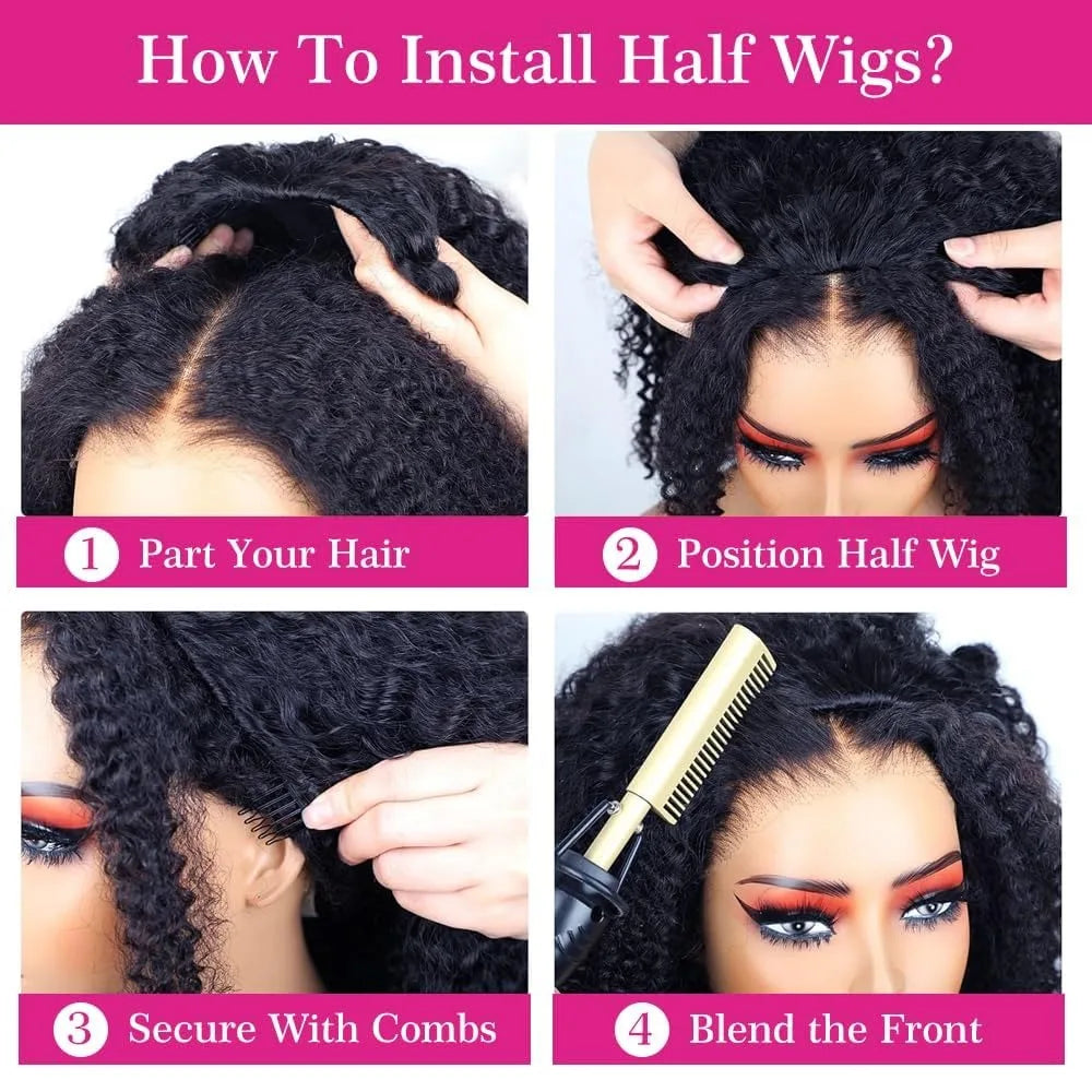 250% 3 In 1 Highlight Half Wigs Human Hair Afro Kinky Curly Balayage Glueless 1B/27 Curl 3/4 Half Wig Drawstring Seamless Flip