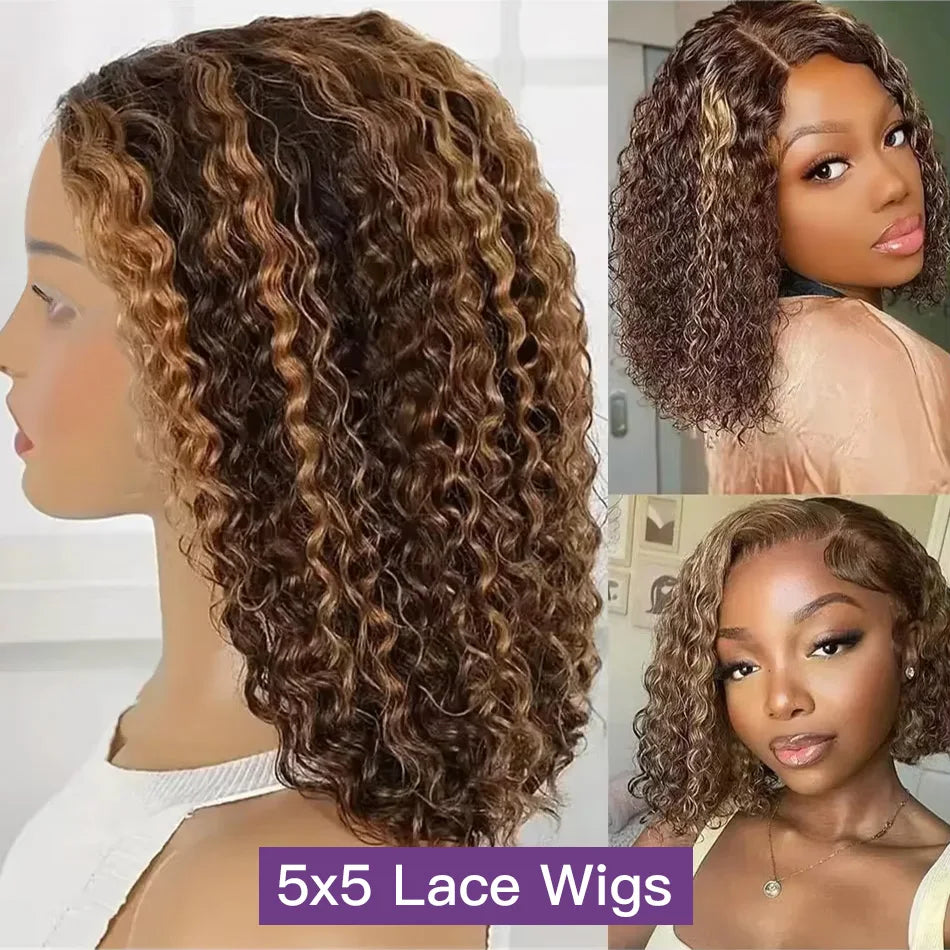 Wear And Go Glueless Highlight Bob Wig Human Hair 5X5 Brazilian Wigs Original Curly Short 427 Honey Blonde Deep Wave Frontal Wig