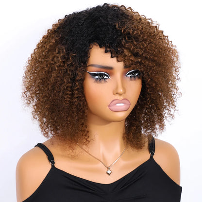 Lekker Highlight Brown Kinky Curly Bob 100% Human Hair Wigs For Women Brazilian Remy Hair Full Machine Made Glueless Colored Wig