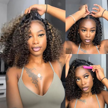 250% 3 In 1 Highlight Half Wigs Human Hair Afro Kinky Curly Balayage Glueless 1B/27 Curl 3/4 Half Wig Drawstring Seamless Flip
