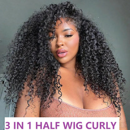 Curly Half Wig Human Hair Wigs 250% Half Wig Kinky Curly Human Hair Wigs 3 In 1 Invisible Hairline With Drawstring Seamless