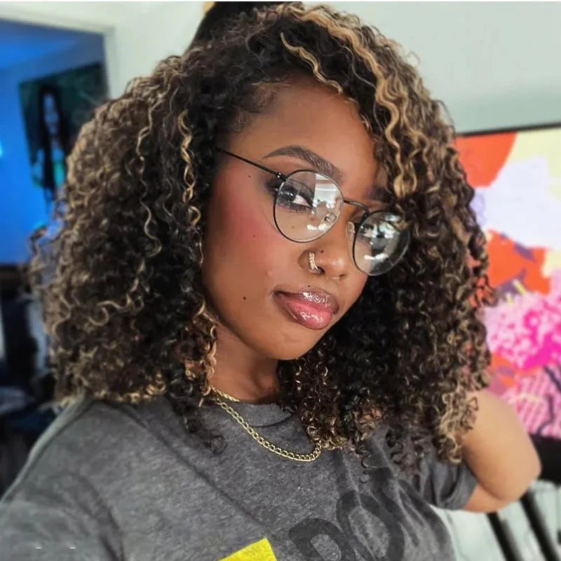 250% 3 In 1 Highlight Half Wigs Human Hair Afro Kinky Curly Balayage Glueless 1B/27 Curl 3/4 Half Wig Drawstring Seamless Flip