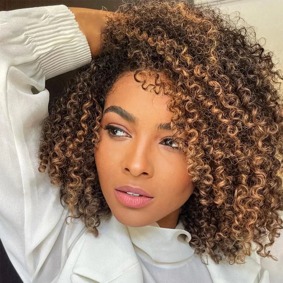 Rebecca  Highlight  Afro Kinky Curly Human Hair Wigs Human Hair Wig With Bangs Colored Brazilian Curly Bob machine made Wig