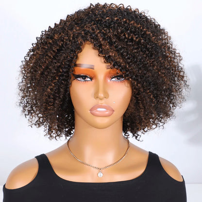 Lekker Highlight Brown Kinky Curly Bob 100% Human Hair Wigs For Women Brazilian Remy Hair Full Machine Made Glueless Colored Wig