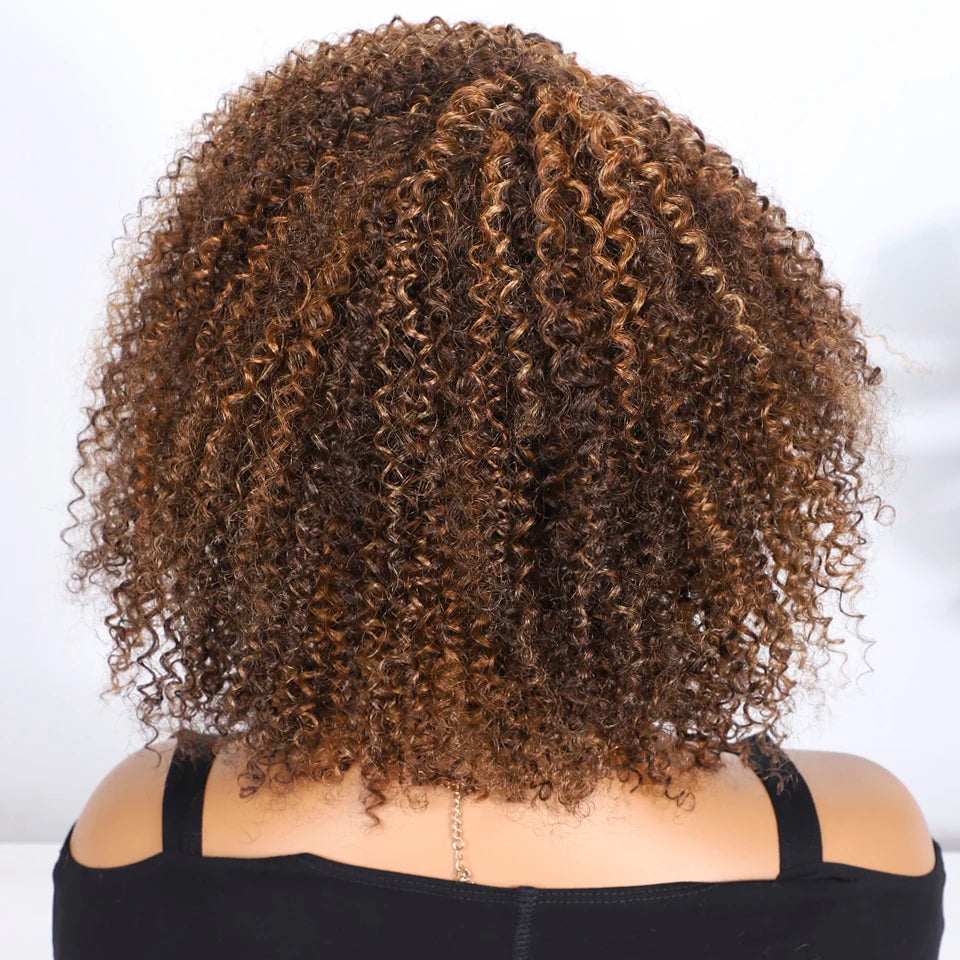 Lekker Highlight Brown Kinky Curly Bob 100% Human Hair Wigs For Women Brazilian Remy Hair Full Machine Made Glueless Colored Wig