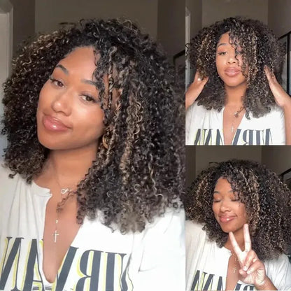 250% 3 In 1 Highlight Half Wigs Human Hair Afro Kinky Curly Balayage Glueless 1B/27 Curl 3/4 Half Wig Drawstring Seamless Flip