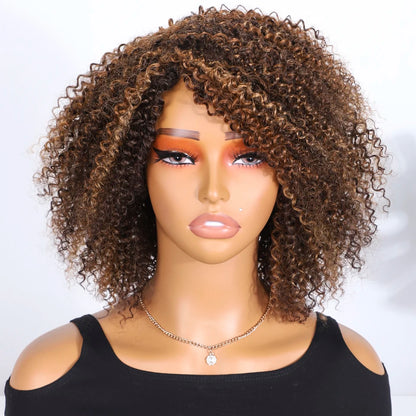 Lekker Highlight Brown Kinky Curly Bob 100% Human Hair Wigs For Women Brazilian Remy Hair Full Machine Made Glueless Colored Wig