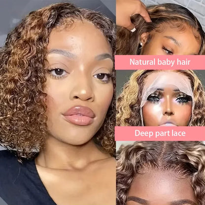 Highlight Curly Bob 13x4 Lace Frontal Wig Brazilian Ombre Brown Deep Water Wave Short Bob Lace Front Human Hair Wigs For Women
